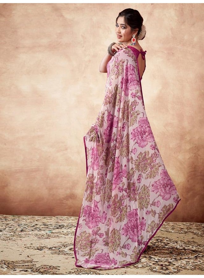 Satrani Women's Georgette Floral Printed & Lace Saree with Unstitched Blouse Piece (3504S109N_Multi) - Image 3