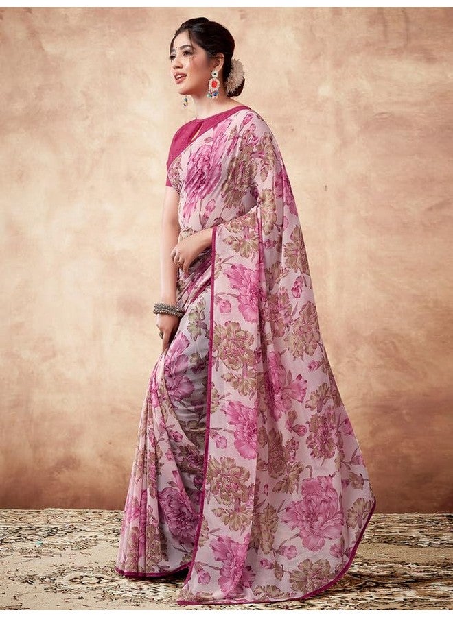 Satrani Women's Georgette Floral Printed & Lace Saree with Unstitched Blouse Piece (3504S109N_Multi) - Image 2
