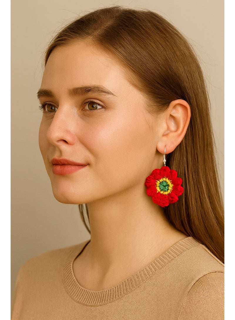 Lolly Handmade Crochet Flower Earrings – These beautiful earrings feature a vibrant flower design with bold red petals and a colorful center, making them the perfect statement piece for any outfit. Crafted from high-quality yarn, these earrings are both eye-catching and lightweight, ensuring comfort all day long. Whether you're dressing up for a special event or adding a fun touch to your everyday look, these earrings are sure to stand out - Image 1