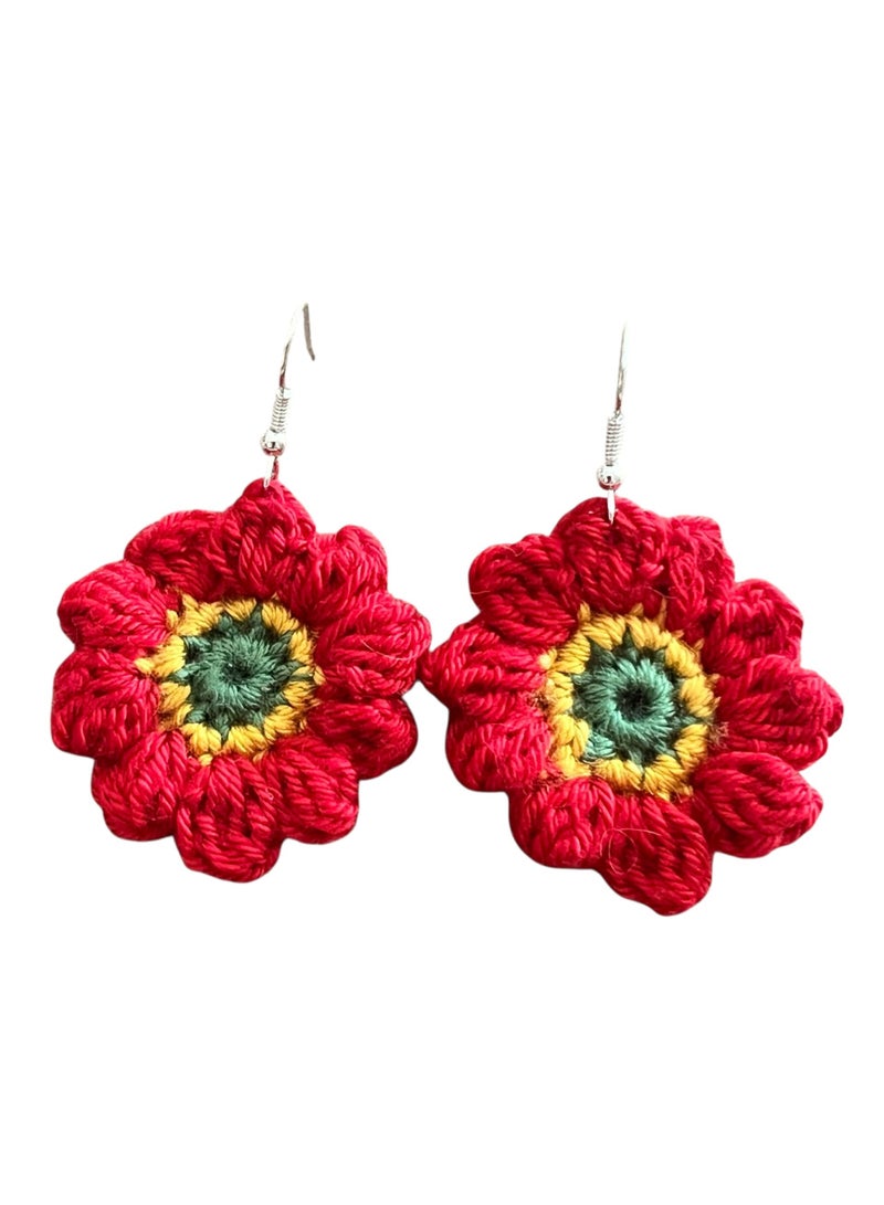 Lolly Handmade Crochet Flower Earrings – These beautiful earrings feature a vibrant flower design with bold red petals and a colorful center, making them the perfect statement piece for any outfit. Crafted from high-quality yarn, these earrings are both eye-catching and lightweight, ensuring comfort all day long. Whether you're dressing up for a special event or adding a fun touch to your everyday look, these earrings are sure to stand out - Image 3
