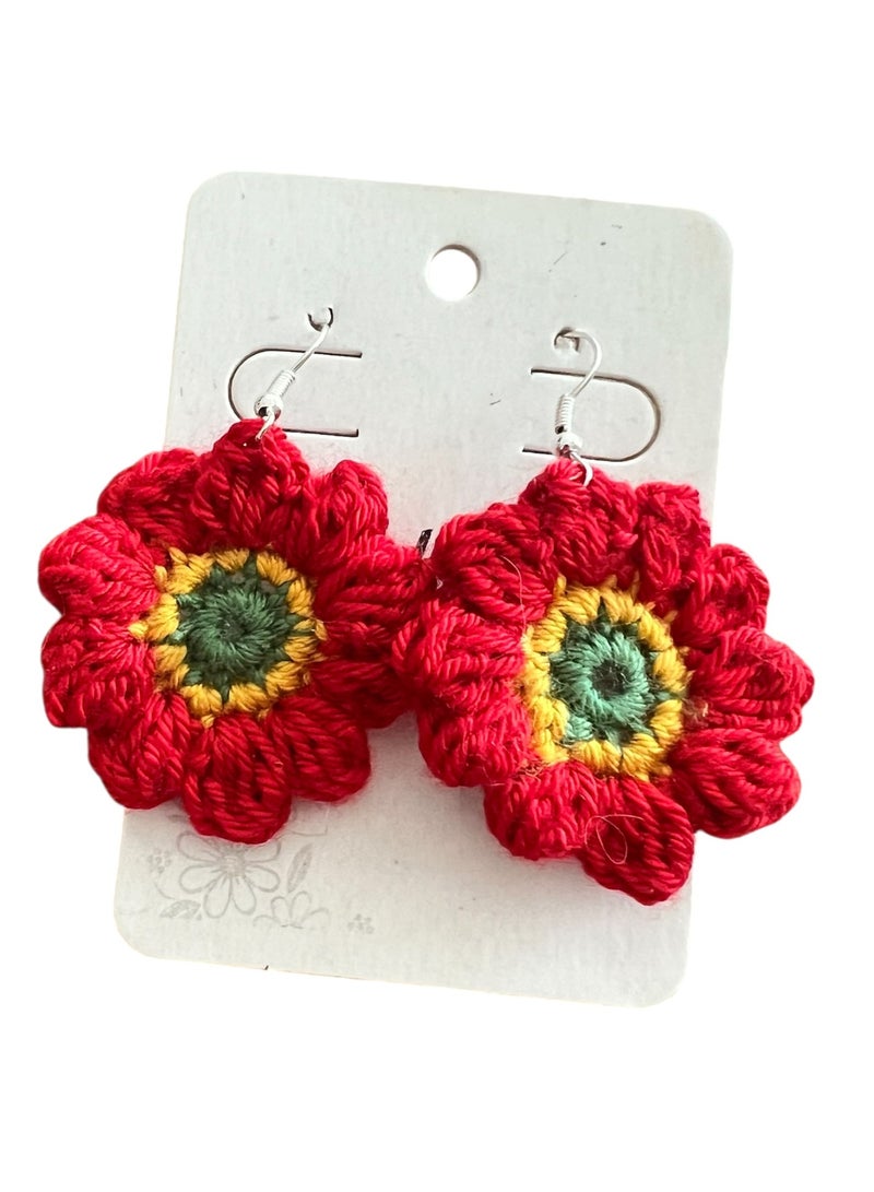 Lolly Handmade Crochet Flower Earrings – These beautiful earrings feature a vibrant flower design with bold red petals and a colorful center, making them the perfect statement piece for any outfit. Crafted from high-quality yarn, these earrings are both eye-catching and lightweight, ensuring comfort all day long. Whether you're dressing up for a special event or adding a fun touch to your everyday look, these earrings are sure to stand out - Image 2