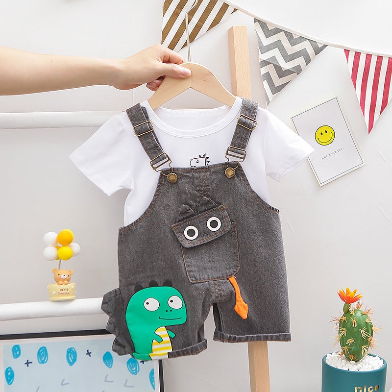 2021 Summer New Foreign Trade Boys and Girls Korean Style Short-sleeved Suit Children's Cartoon T-shirt Denim Strap Two-piece Set - Image 3
