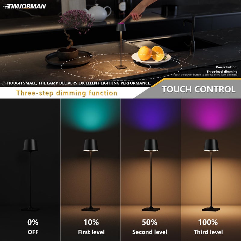 Timjorman Compact Cordless Table Lamp, Rechargeable LED Night Light, Dual Light Source (RGB Top & Warm Bottom), Touch Control & Timer, Metal Lamp for Bedroom & Kids Room (Black 1pack) - Image 4