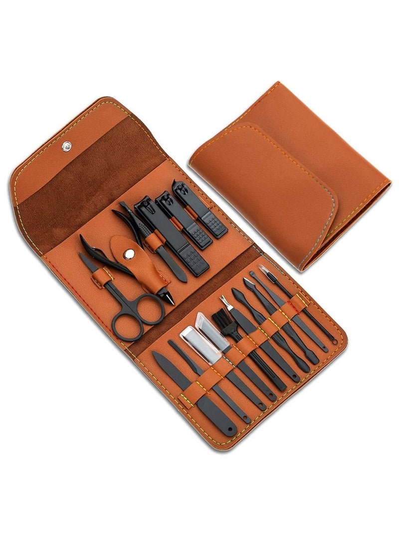 Generic Arabest Nail Clipper Set,16 in 1 Stainless Steel Nail Care Kit, Professional Nail Clipper Pedicure Set Grooming Kit, Travel Manicure Set with PU leather case, Nail Care Tools Women and Men (brown-01) - Image 1