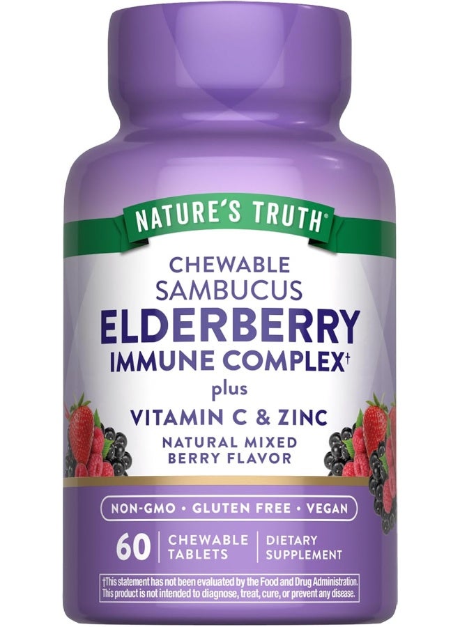 Elderberry Immune Support | 60 Chewable Tablets | with Vitamin C and Zinc | Non GMO and Gluten Free Complex | Mixed Berry Flavor | by Nature's Truth