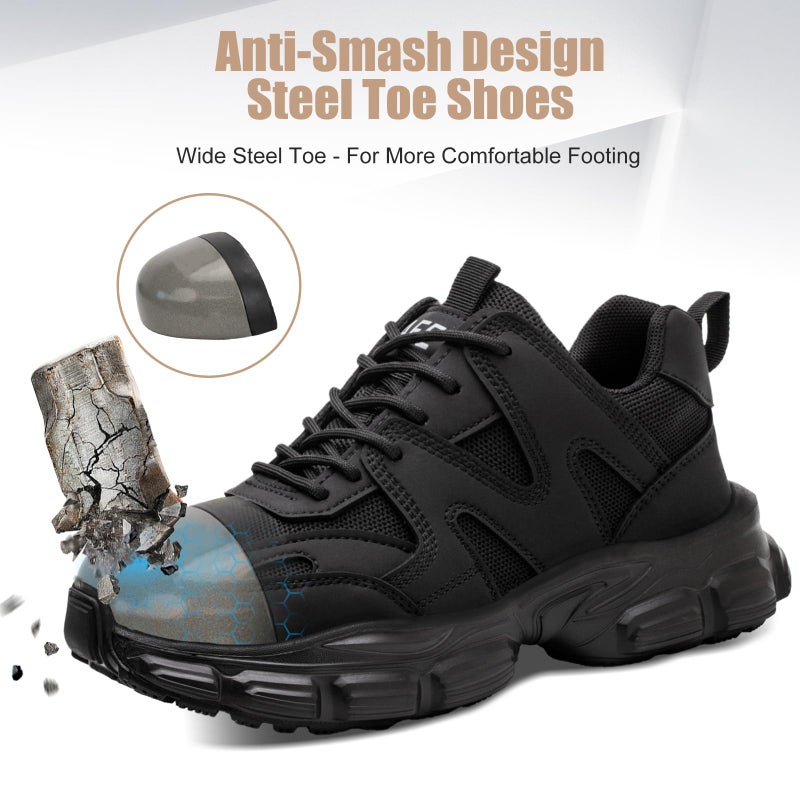 Hogent Steel Toe Shoes for Women Men Wide Non Slip Composite Work Sneakers Indestructible Comfortable Safety Tennis Shoes Lightweight Breathable Construction Sneakers Puncture Proof Ergonomic Design - Image 3