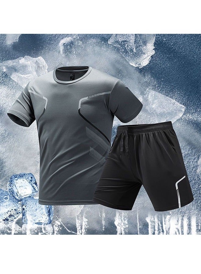 Men's Quick-Drying Sports Two-Piece Suit Men's Running Short-Sleeved Ice Silk Suit Lightweight And Enjoy The Unrestrained Sports Experience Gray XL - Image 2