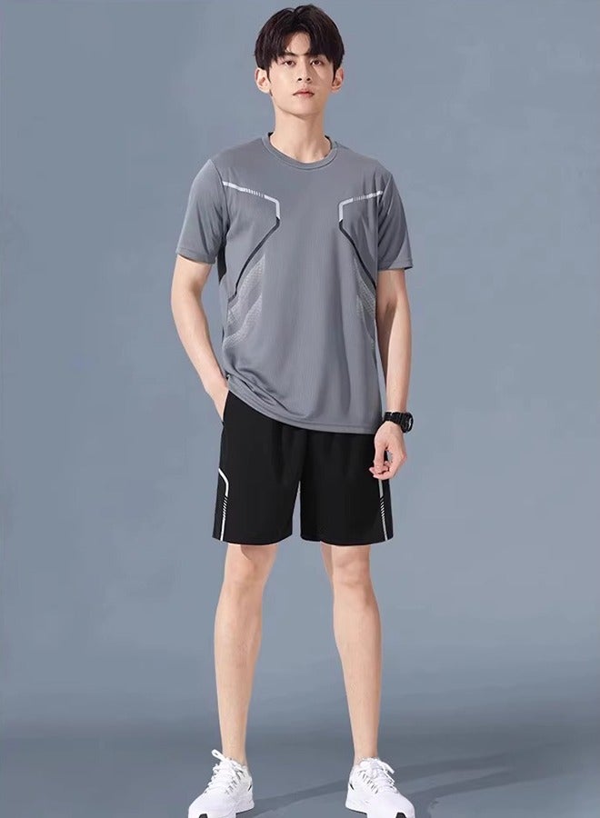 Men's Quick-Drying Sports Two-Piece Suit Men's Running Short-Sleeved Ice Silk Suit Lightweight And Enjoy The Unrestrained Sports Experience Gray XL - Image 4