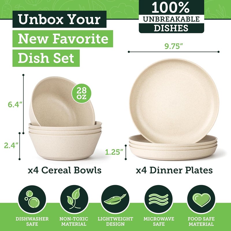 Grow Forward Premium Wheat Straw Dinnerware Sets - 8 Piece Unbreakable Microwave Safe Dishes - Reusable Wheat Straw Plates and Bowls Sets - Wheat Straw Bowls for Cereal, Soup, Camping, RV - Sahara - Image 3