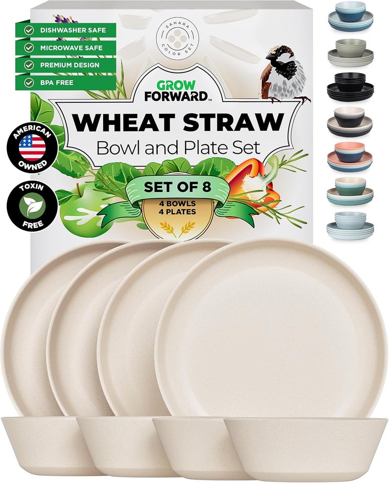 Grow Forward Premium Wheat Straw Dinnerware Sets - 8 Piece Unbreakable Microwave Safe Dishes - Reusable Wheat Straw Plates and Bowls Sets - Wheat Straw Bowls for Cereal, Soup, Camping, RV - Sahara - Image 1