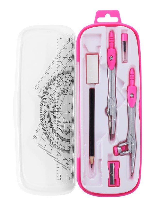 Unjoo Math Geometry Kit Sets 10 Piece Student Supplies with Shatterproof Storage Box,Includes Rulers,Protractor,Compass,Eraser,Pencil Sharpener,Lead Refills,Pencil,for Drafting and Drawings（Pink） - Image 1