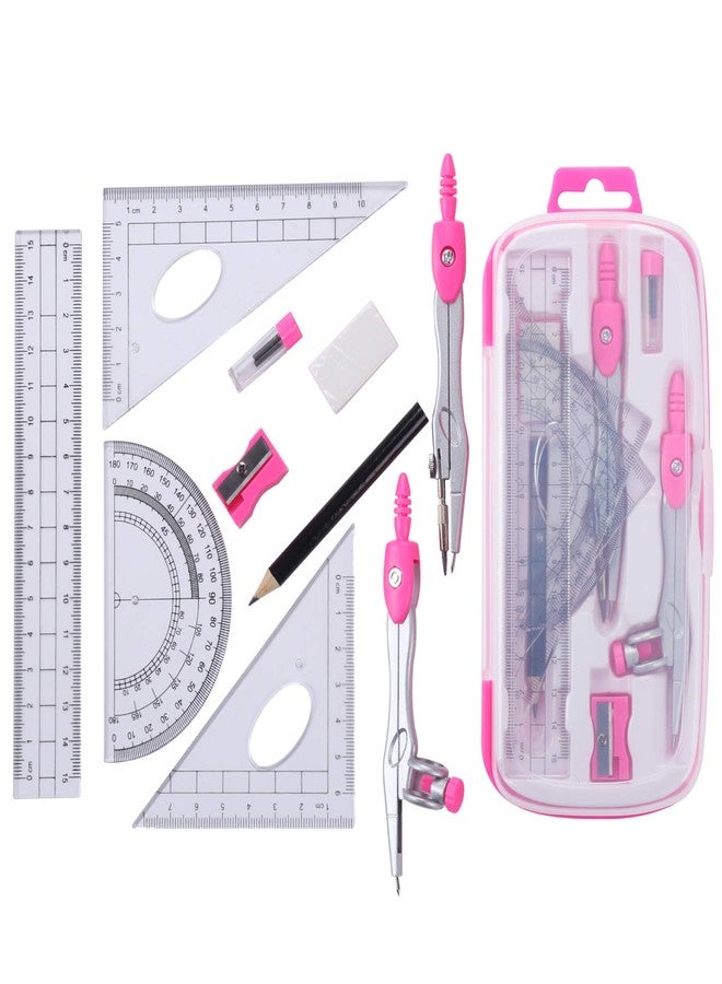 Unjoo Math Geometry Kit Sets 10 Piece Student Supplies with Shatterproof Storage Box,Includes Rulers,Protractor,Compass,Eraser,Pencil Sharpener,Lead Refills,Pencil,for Drafting and Drawings（Pink） - Image 2