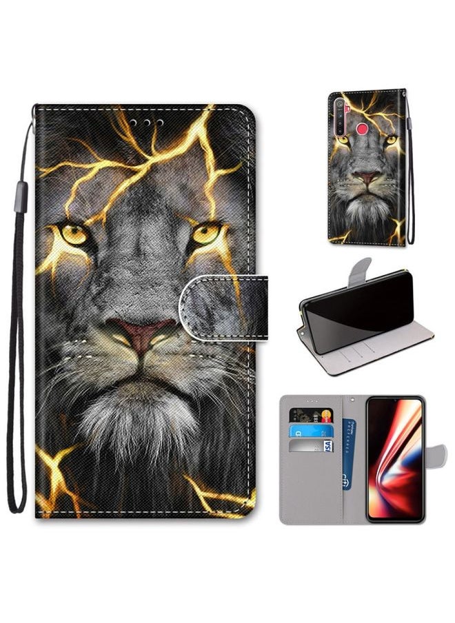 HuHa Case Cover For Realme 5 / 5s / 5i / C3 / C3i / 6i / Narzo10 / 10A / 20A Coloured Drawing Cross Texture Horizontal Flip PU Leather Case with Holder & Card Slots & Wallet & Lanyard Fission Lion 