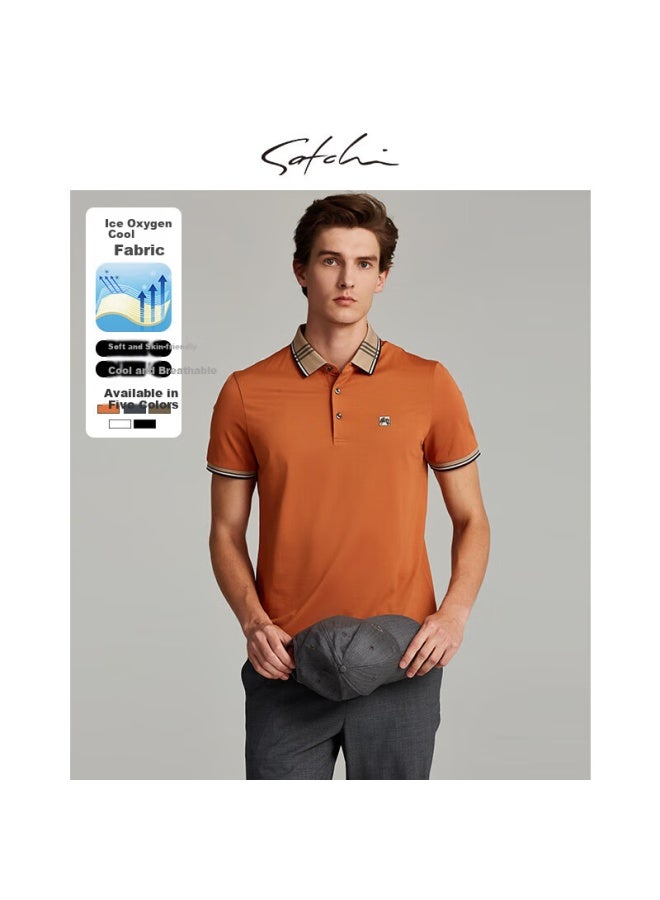 Satchi Cool-feeling Quick-dry Ice Oxygen Cool Casual Men's Short-sleeve Polo Shirt T-shirt, Smooth Breathable Draping Thin, Orange Yellow, Size 54 - Image 1