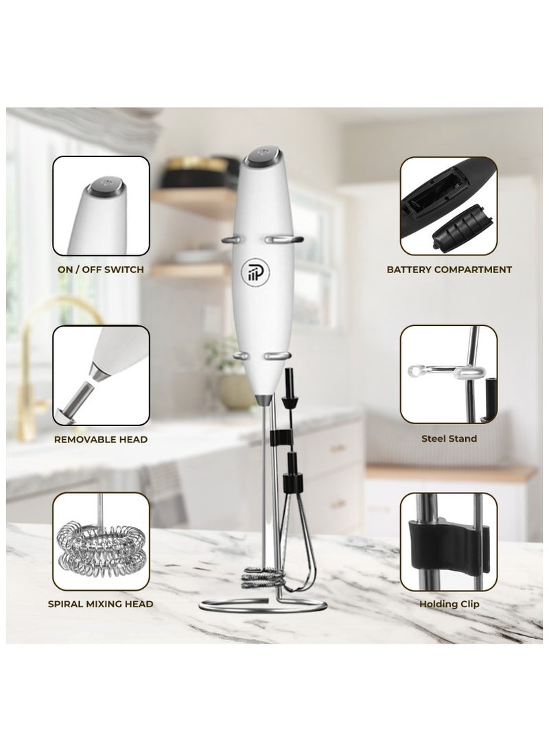 Prime Perks - Prime Perks® | Double Whisk Milk Frother with Stand, Coffee Mixer, Handheld Foam Maker with Stainless Electric Whisk For Coffee, Cappuccino, Latte, Frappe, Matcha, Hot Chocolate - Image 1