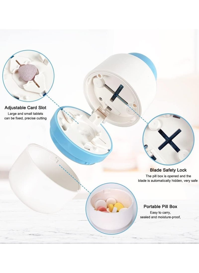 KHAJUL - Pill Cutter, Pill Splitter with Hidden Stainless Steel Blade for Cutting Small Pills or Large Pills in Half or Quarter, Suitable for Cutting Vitamins, Tablets, Portable for Going Out (White/Blue) - Image 1