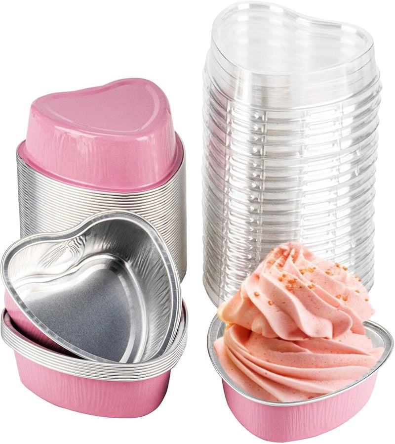 LepoHome 50 Pack Heart Shaped Cake Pans Aluminum Foil Mini Disposable Heart Shape Cake Tin Set 34oz100ml Baking Cake Mold Cupcake Pans for Wedding Party Birthdays  Pink - Image 1