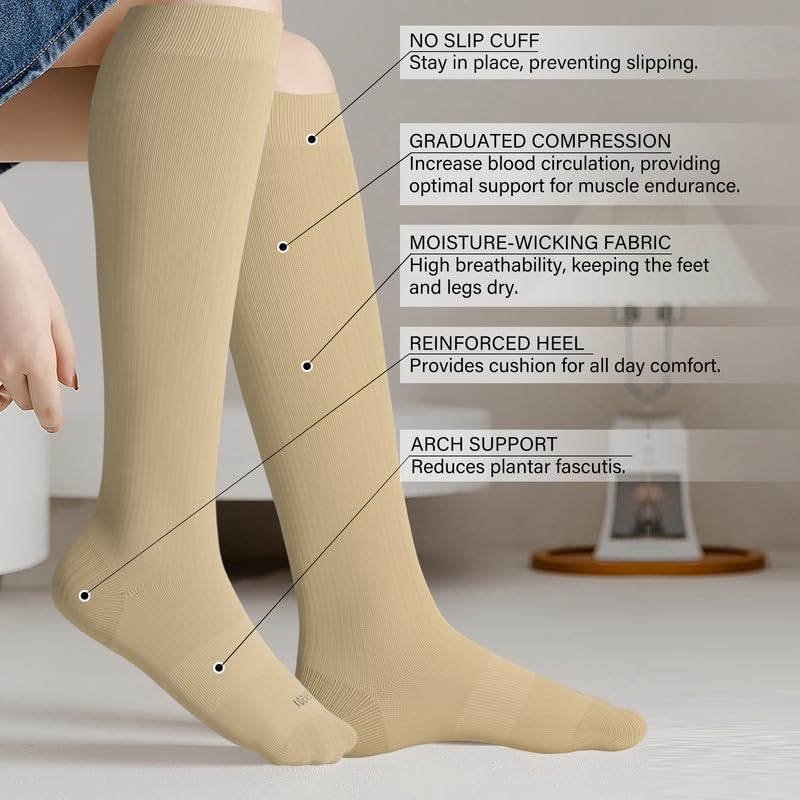 LEVSOX Viscose Made from Bamboo Compression Socks for Pregnant Women 20-30 mmHg Knee High Cute Funny Mens Supports Socks for Nurses, Medical, Travel and Flight, Black, White, Wheat, Grey - Image 2