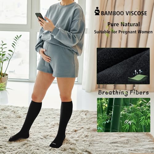 LEVSOX Viscose Made from Bamboo Compression Socks for Pregnant Women 20-30 mmHg Knee High Cute Funny Mens Supports Socks for Nurses, Medical, Travel and Flight, Black, White, Wheat, Grey - Image 4
