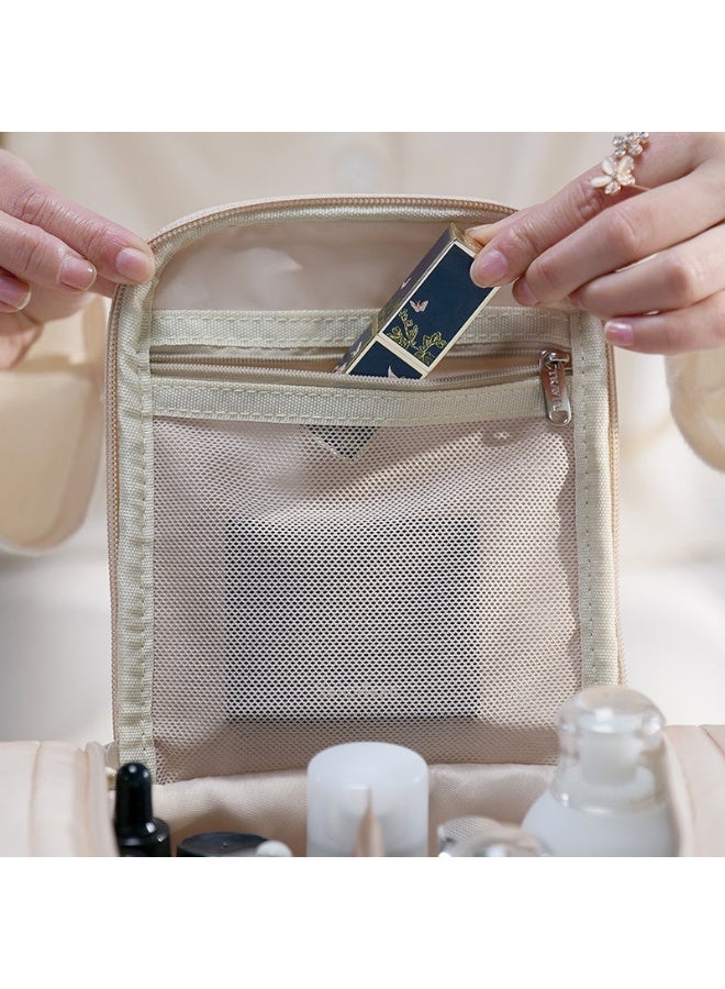 Large Capacity Makeup Bag with Compartments, Portable Travel Cosmetic Organizer Case, Waterproof Toiletry Storage Pouch with Brush Holder & Mesh Pocket – Beige - Image 4