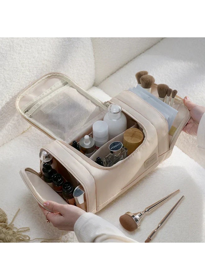 Large Capacity Makeup Bag with Compartments, Portable Travel Cosmetic Organizer Case, Waterproof Toiletry Storage Pouch with Brush Holder & Mesh Pocket – Beige - Image 2