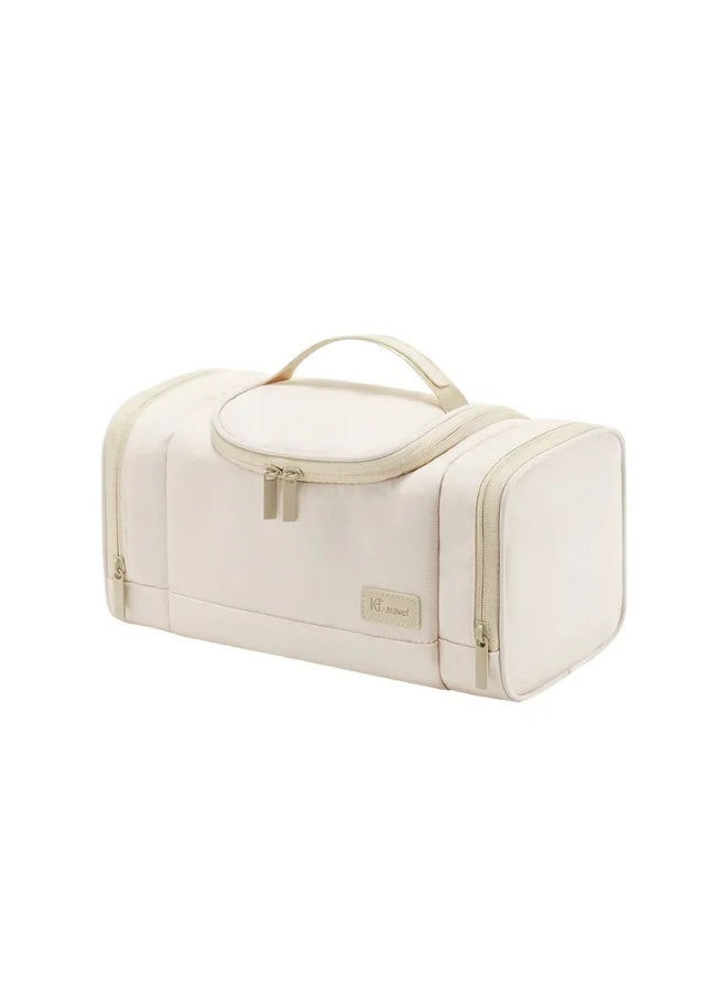 Large Capacity Makeup Bag with Compartments, Portable Travel Cosmetic Organizer Case, Waterproof Toiletry Storage Pouch with Brush Holder & Mesh Pocket – Beige - Image 1