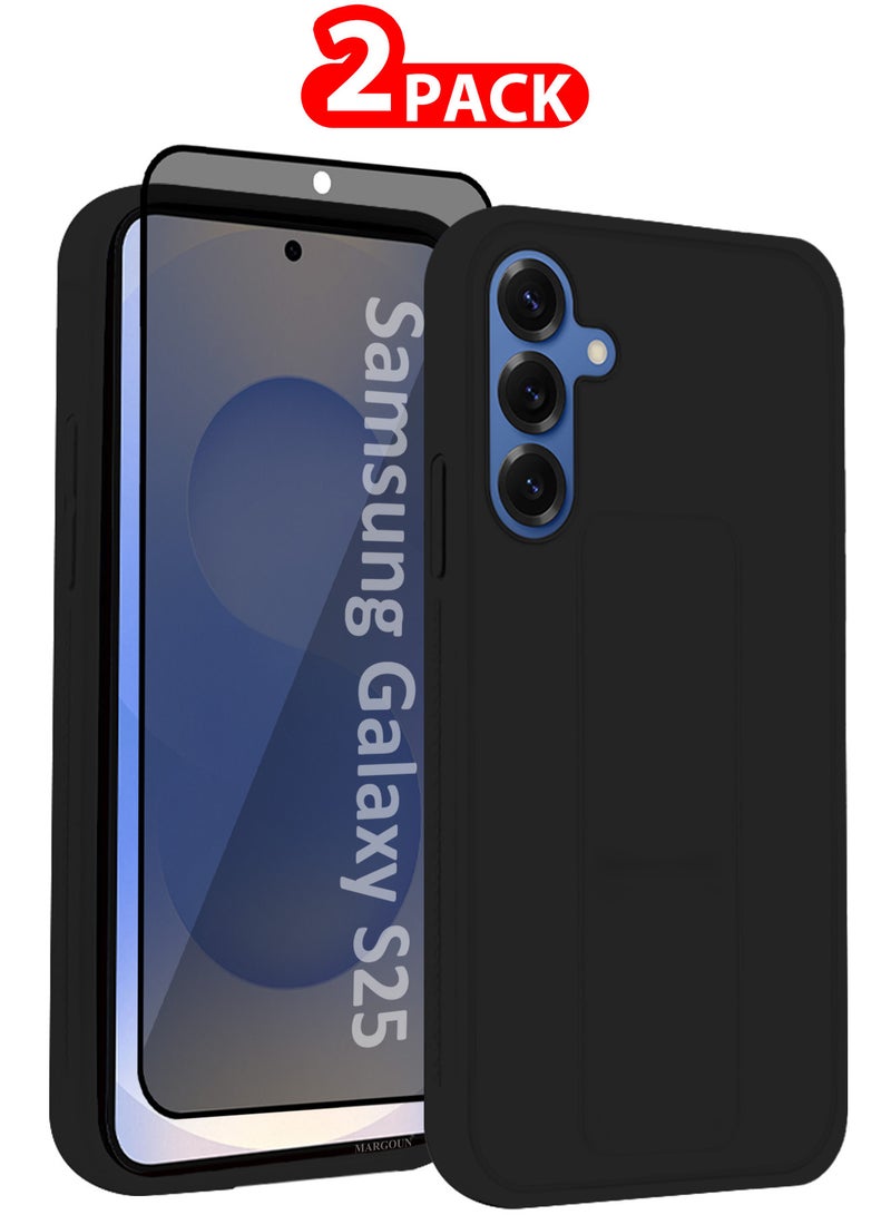 CATANES Galaxy S25 2Packs Case Silicone with Stand Function Finger Grip Case Cover with 1 Shock Proof Screen Protector / Black - Image 1