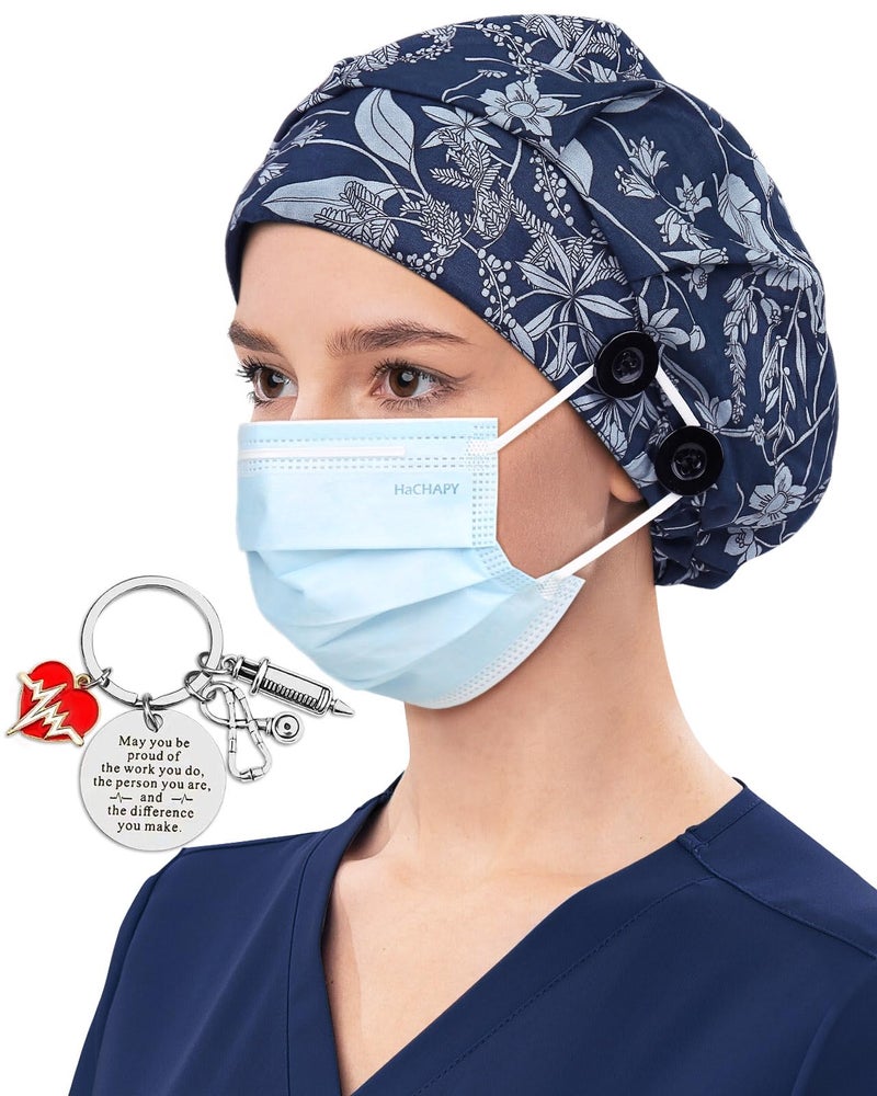 Hachapy Or Caps for Women Surgical Satin Lined Fall Scrub Hats Natural Blue - Image 1