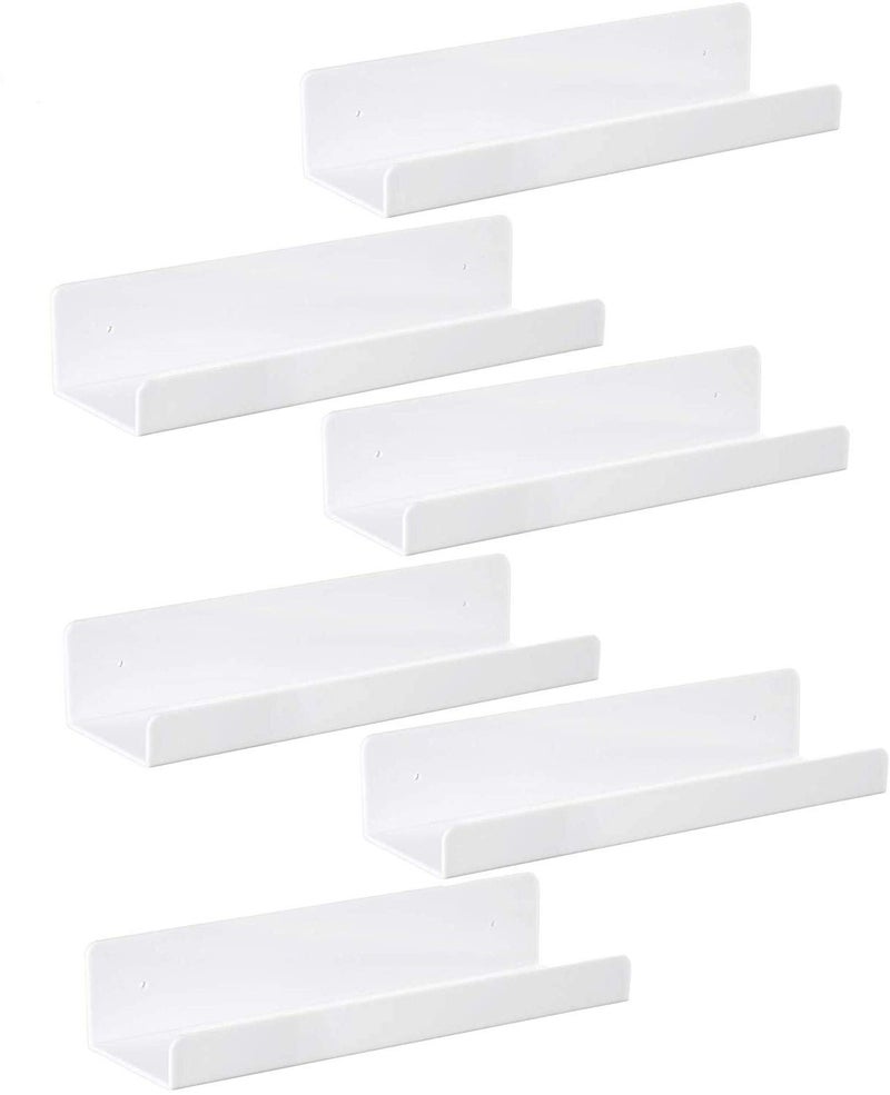 IEEK 6 PCS White Acrylic Floating Shelves Display Ledge,Wall Mounted Nursery Kids Bookshelf,15 Inch Bathroom Wall Shelf and Storage Rack,5mm Thick U Shelf - Image 1