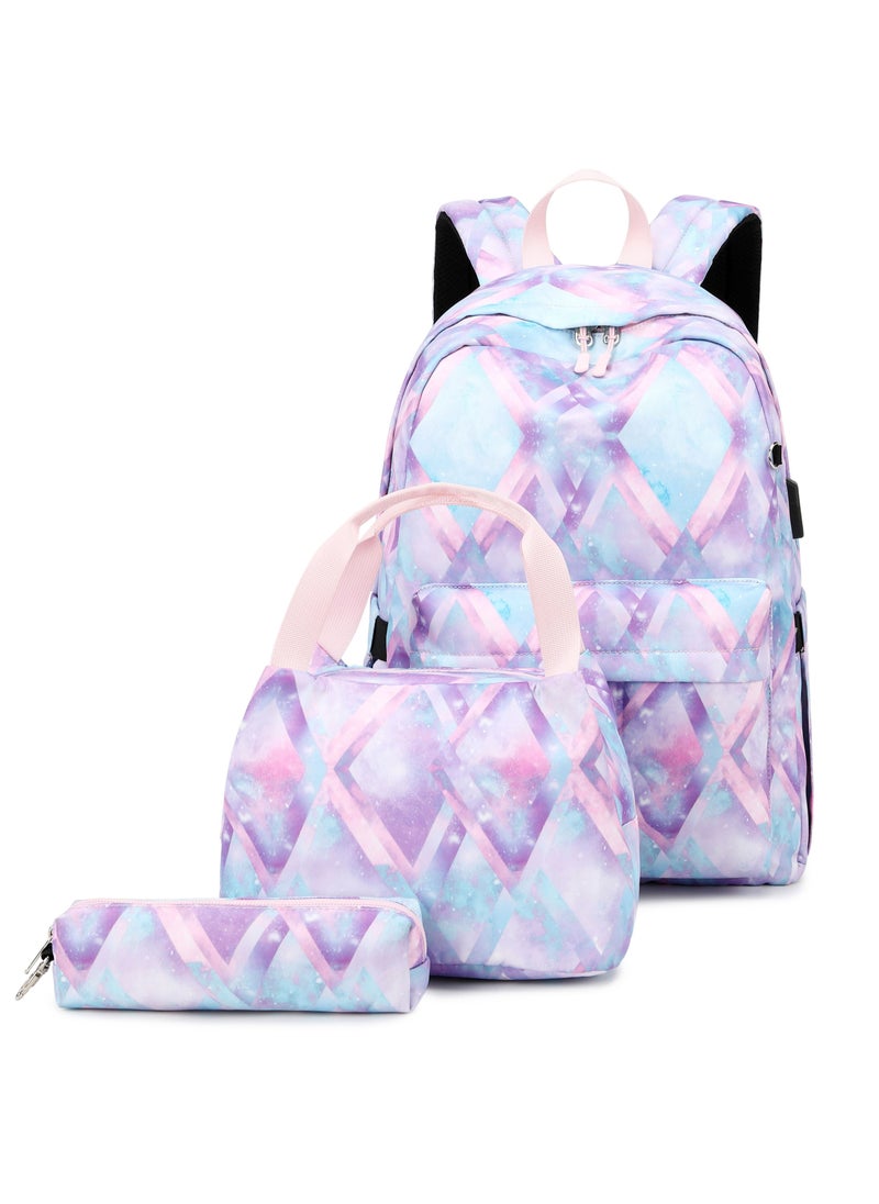 Loquat Geometric Pattern Printing Schoolbag Fashionable Three-Piece Casual Backpack  Purple Pink  - Image 1