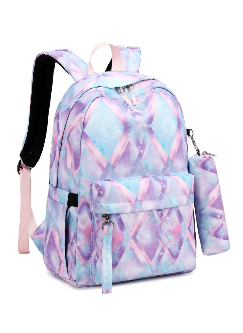 Loquat Geometric Pattern Printing Schoolbag Fashionable Three-Piece Casual Backpack  Purple Pink  - Image 2