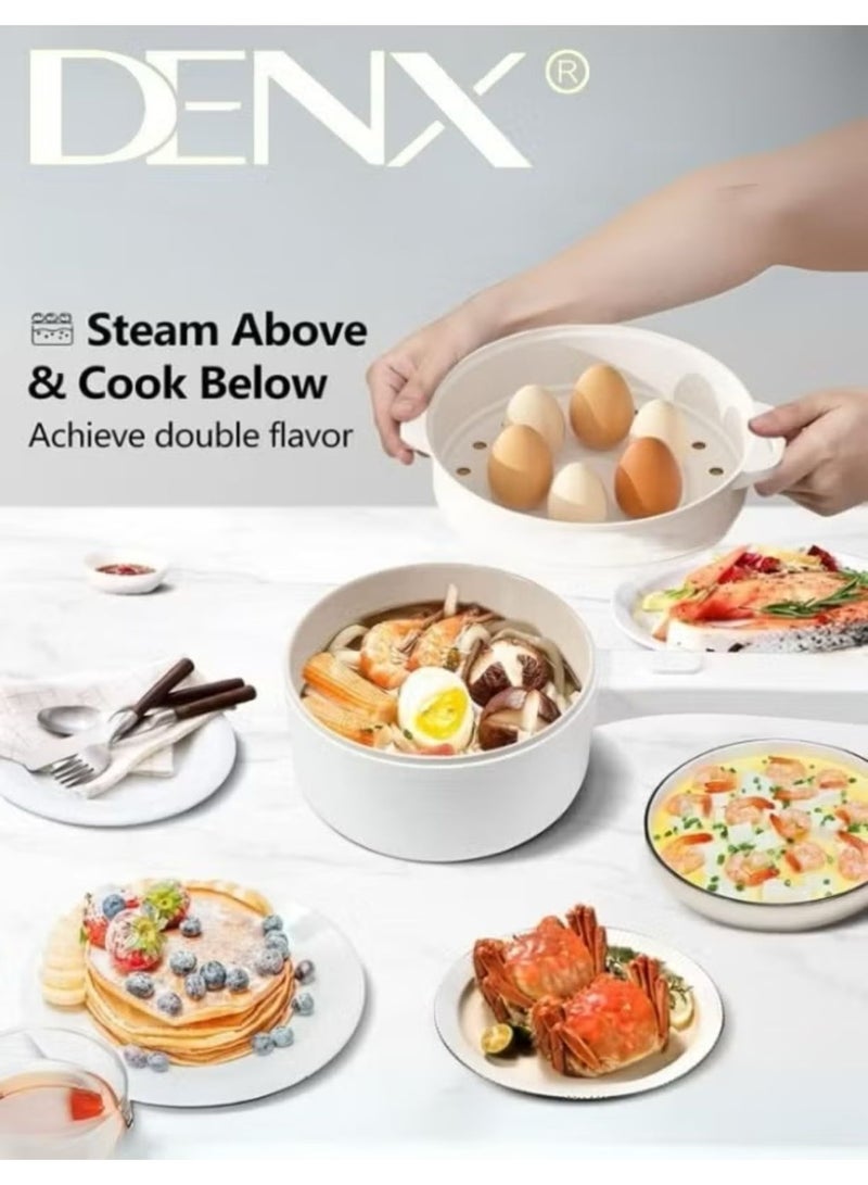2L Electric Hot Pot with Steamer & Temperature Control, Non-Stick Electric Cooker , Electric Skillet, Frying Pan, Electric Saucepan, for Noodles, Egg, Steak, Oatmeal
