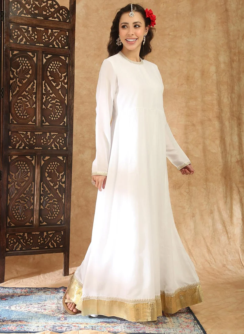globus  Globus Women White Round Neck Long Sleeves Embroidered Detail Pleated A-Line Maxi Festive Dress for Women | Best Price UAE
