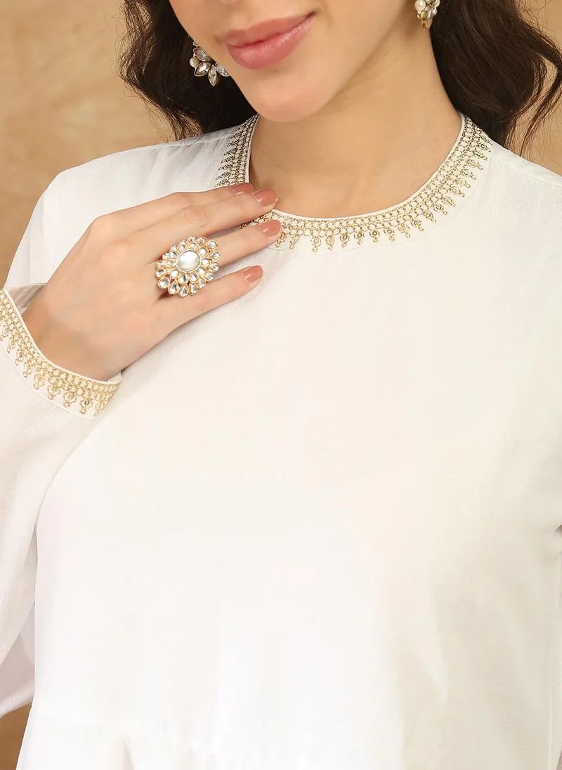 globus  Globus Women White Round Neck Long Sleeves Embroidered Detail Pleated A-Line Maxi Festive Dress for Women | Best Price UAE