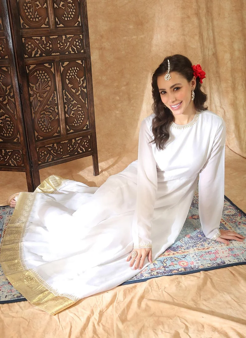 globus  Globus Women White Round Neck Long Sleeves Embroidered Detail Pleated A-Line Maxi Festive Dress for Women | Best Price UAE