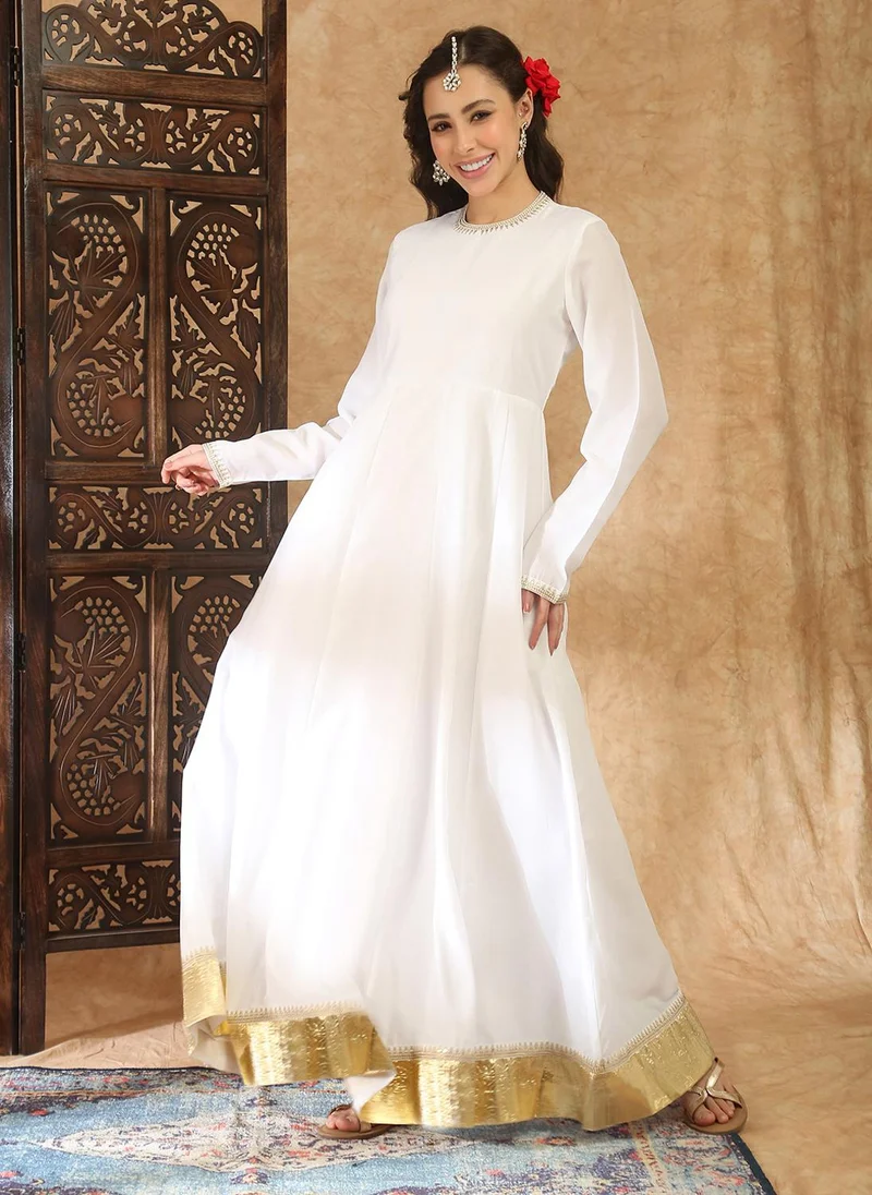 جلو باص Globus Women White Round Neck Long Sleeves Embroidered Detail Pleated A-Line Maxi Festive Dress
