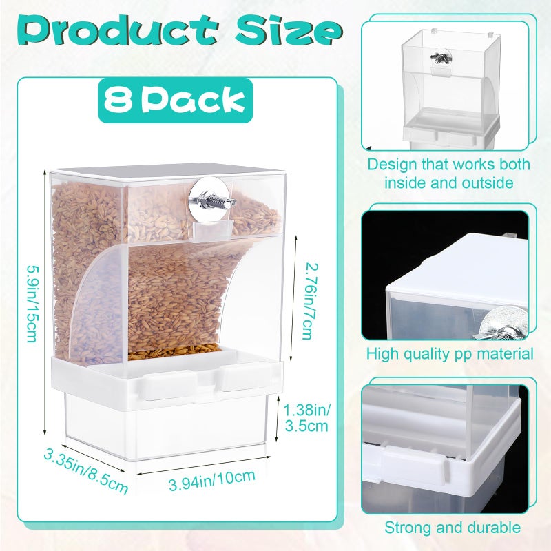 GlikCeil 8 Pcs No Mess Bird Feeder Parrot Automatic Feeder Bird Seed Container Water Dispenser for Parakeet Seed Food Container Cage Accessories for Canary Cockatiel Finch - Image 2