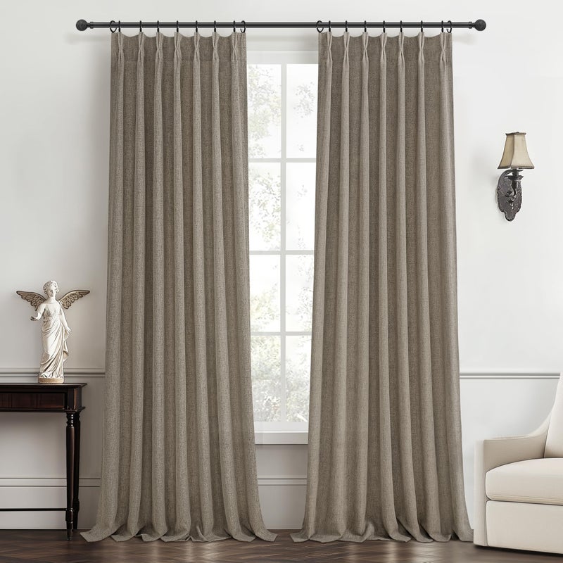 PleatedDrapes Thick Linen Pinch Pleated Sheer Curtains 96 Inches Long 2 Panels Set for Living Room Bedroom, Memory Trained Pinch Pleat Dark Flax Boho Drape Light Filtering Privacy Sliding Glass Door Burg 8ft Length - Image 1