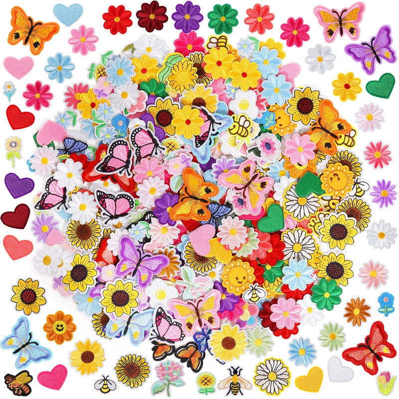NICEVINYL Random Iron on Patches for Clothing 120PCS Flower Heart Patch Iron on Cute Butterfly Embroidered Sew Applique Repair Patches for Jeans Jackets Backpacks