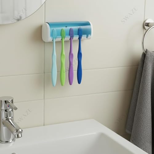 Swaze Plastic Toothbrush Holder with Cover for Bathroom | 5-Slot Wall Mounted Toothbrush Holder with self Adhesive & Screw Options | Bathroom Organizer | (Multicolour, Pack of 1) - Image 4