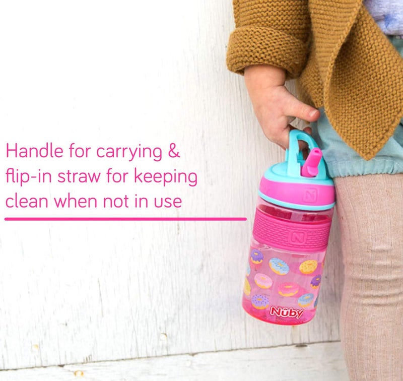 Nuby Thirsty Kids Flip-It Freestyle On The Go Water Bottle With Bite Resistant Hard Straw Cup And Easy Grip Band, Pink Donuts, 12 Ounce - Image 5