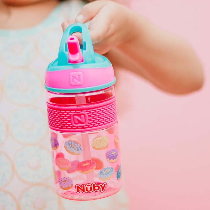 Nuby Thirsty Kids Flip-It Freestyle On The Go Water Bottle With Bite Resistant Hard Straw Cup And Easy Grip Band, Pink Donuts, 12 Ounce - Image 3