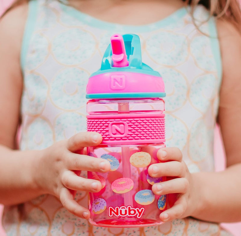 Nuby Thirsty Kids Flip-It Freestyle On The Go Water Bottle With Bite Resistant Hard Straw Cup And Easy Grip Band, Pink Donuts, 12 Ounce - Image 4