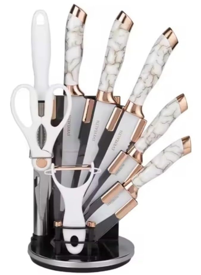 Raxoom 9-Piece Marble Pattern Handle Kitchen Knife Set – Premium Stainless Steel (White with transparent) - Image 1