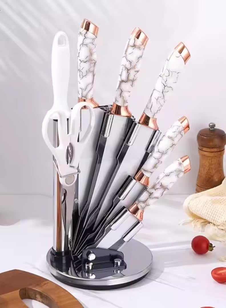 Raxoom 9-Piece Marble Pattern Handle Kitchen Knife Set – Premium Stainless Steel (White with transparent) - Image 2