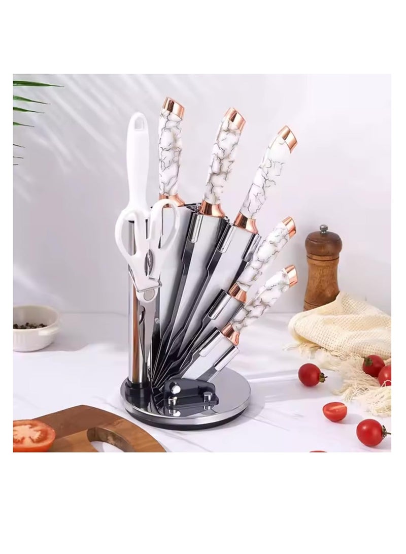 Raxoom 9-Piece Marble Pattern Handle Kitchen Knife Set – Premium Stainless Steel (White with transparent) - Image 3