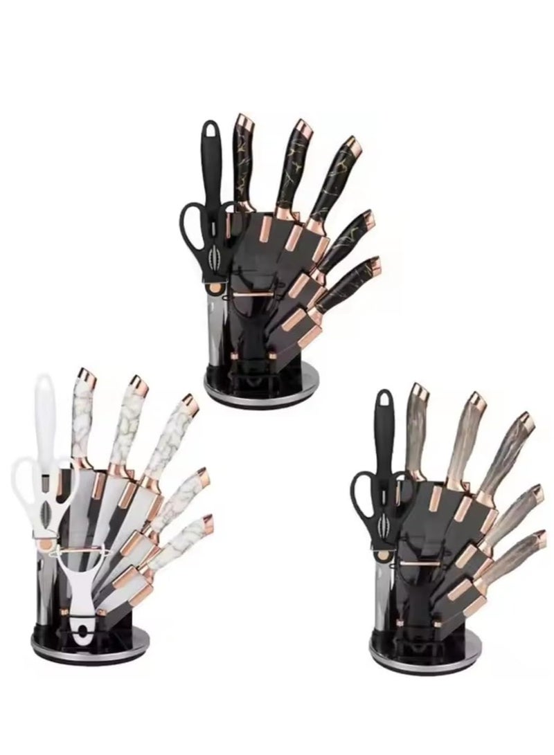 Raxoom 9-Piece Marble Pattern Handle Kitchen Knife Set – Premium Stainless Steel (White with transparent) - Image 4
