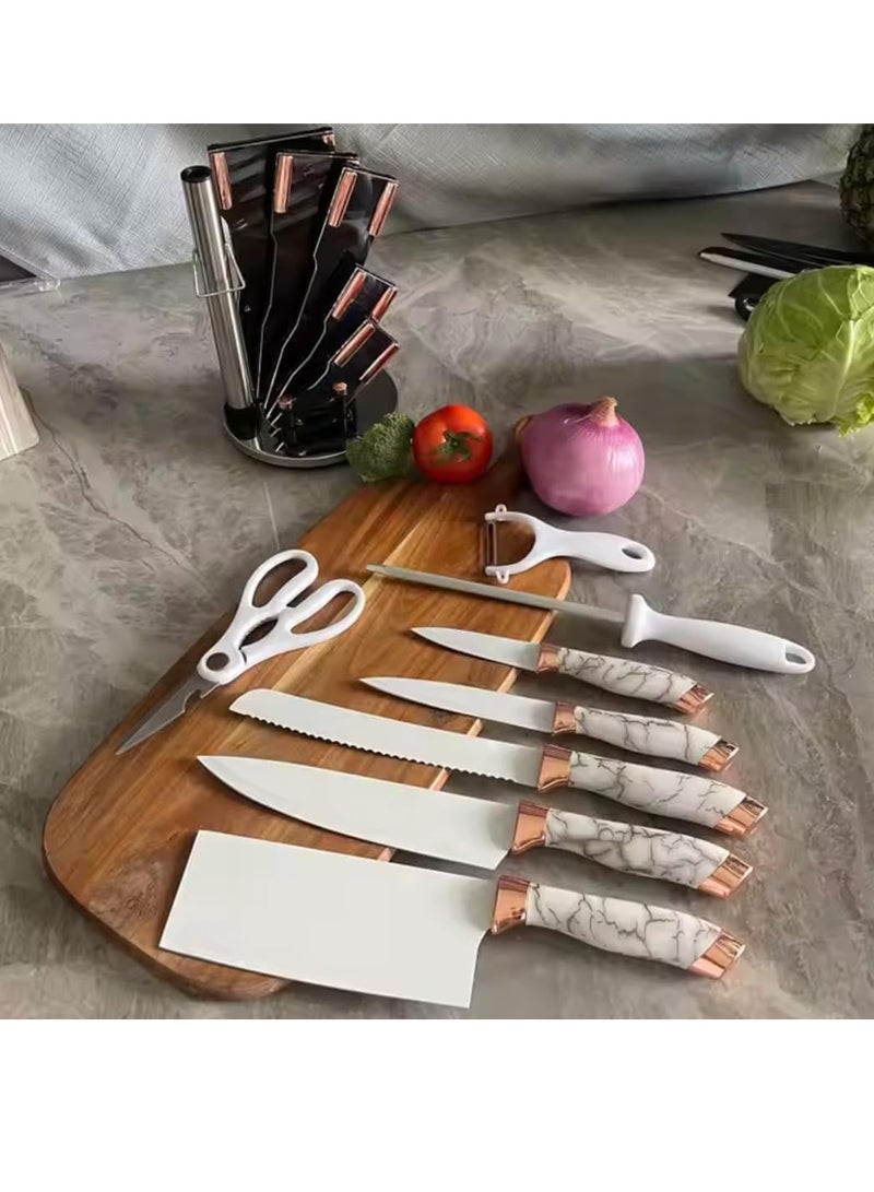 Raxoom 9-Piece Marble Pattern Handle Kitchen Knife Set – Premium Stainless Steel (White with transparent) - Image 5