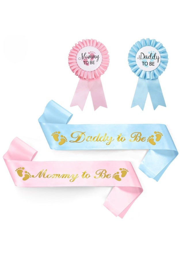 4Pcs Mommy to be Sash Tinplate Badge Baby Gender Reveal Party Pack, Daddy to be Badge for Baby Shower Boy or Girl Gender Reveal Party Supplies - Image 1