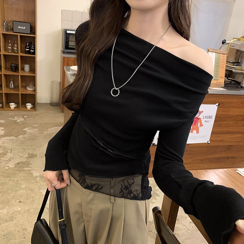 Cheap Swing Collar Irregular Lace Stitching Spice Girl Bottoming Shirt Women'S Age-Reducing Slim-Fit Long-Sleeved T-Shirt - Image 1